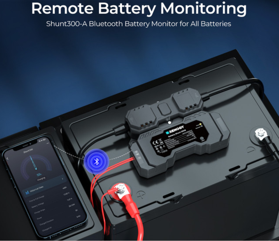 Renogy Battery Shunt 300 Smart Battery Monitor for SOC, Voltage & Current Tracking