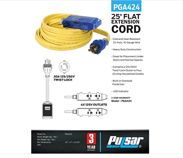25 ft Generator Extension Cord – NEMA L5-30P to Triple 5-15R Heavy-Duty 30A Flat Power Distribution Cord