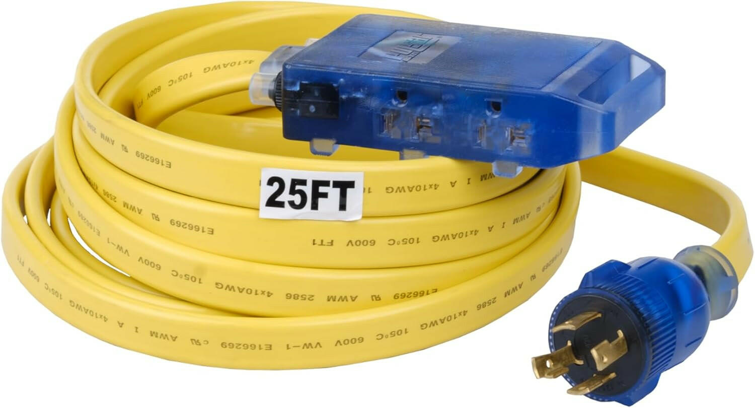 25 ft Generator Extension Cord – NEMA L5-30P to Triple 5-15R Heavy-Duty 30A Flat Power Distribution Cord