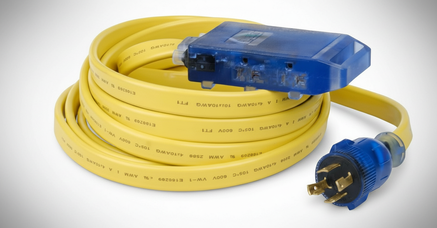25 ft Generator Extension Cord – NEMA L5-30P to Triple 5-15R Heavy-Duty 30A Flat Power Distribution Cord